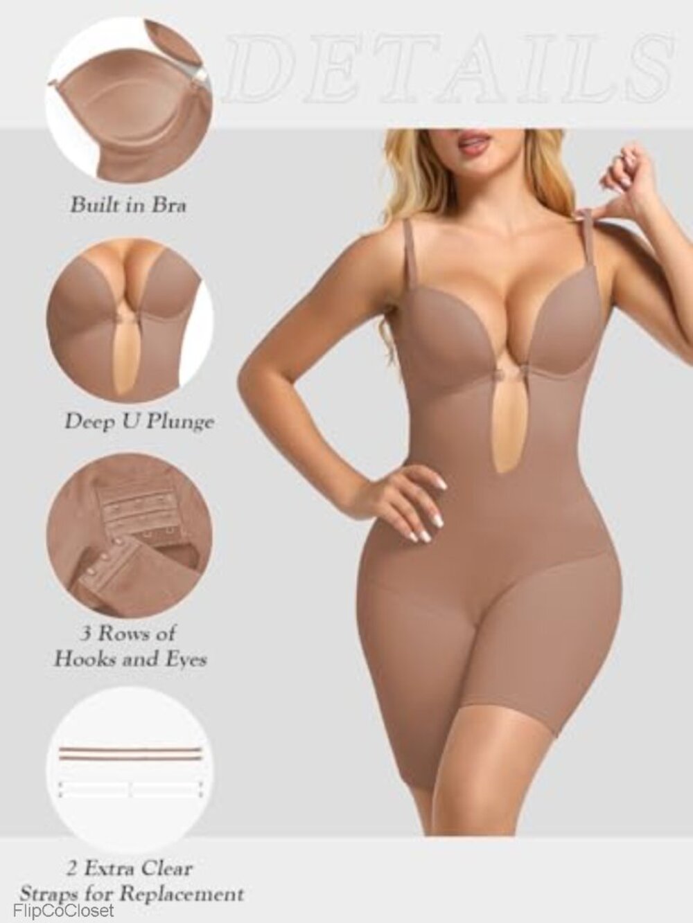 Backless Plunge Shapewear Bodysuit Women Low Back Body Shaper Tummy Control - Picture 2 of 6